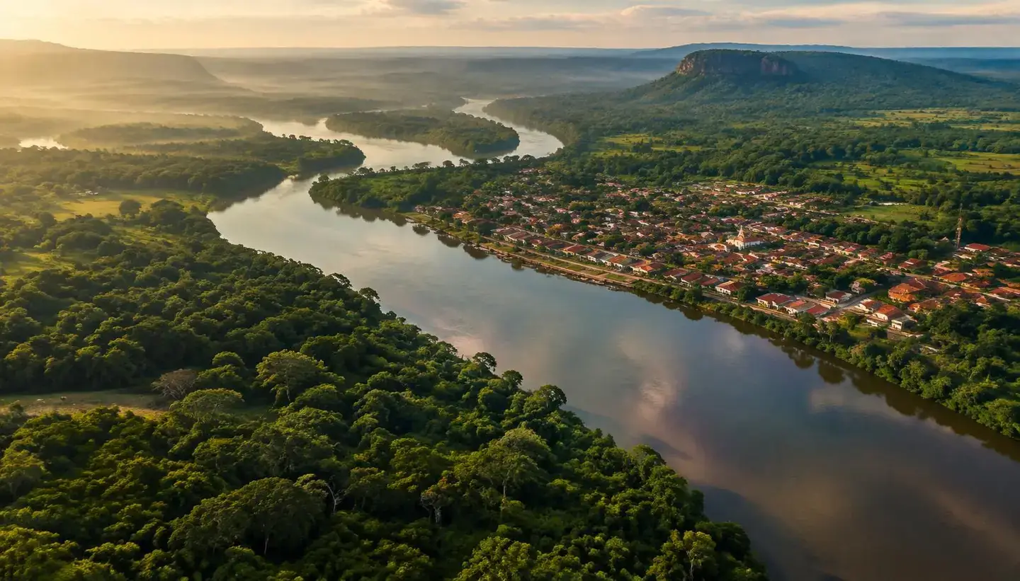 Vista aérea de um rio cercado de mata e uma pequena cidade no interior do Brasil