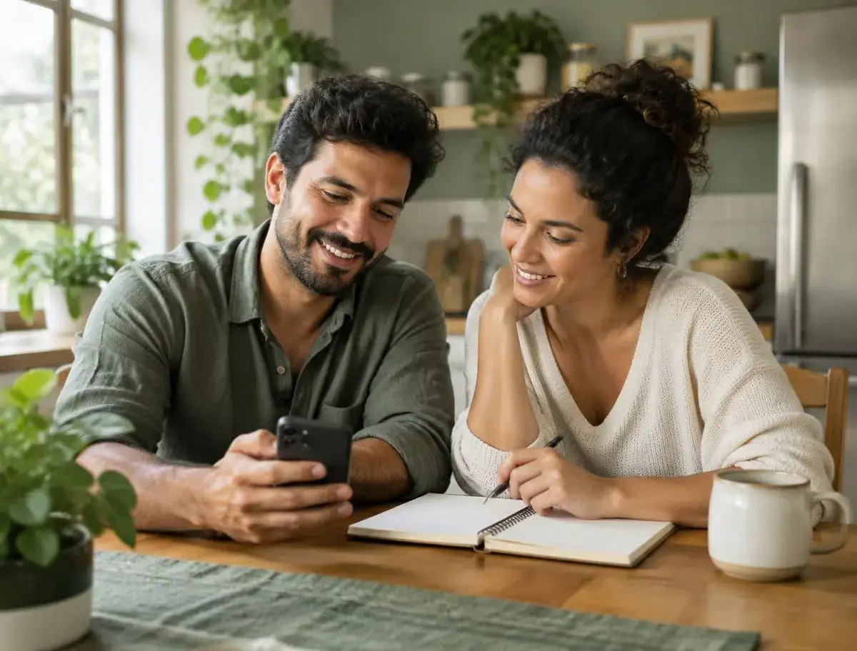 Casal conversando à mesa da cozinha enquanto planeja com o celular e um caderno